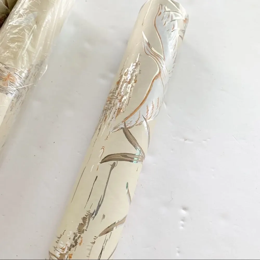 Vintage Beige Gold Crane Fabric Backed Vinyl Wallcovering SEALED x1
